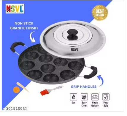 Nsvl Non Stick 12 Cavity Appam Patra Handle with Lid, Paniyarakkal | Paniyaram | Appam Pan with Silicon Brush