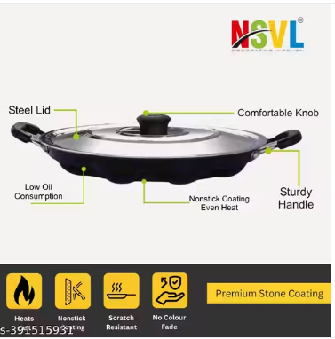Nsvl Non Stick 12 Cavity Appam Patra Handle with Lid, Paniyarakkal | Paniyaram | Appam Pan with Silicon Brush