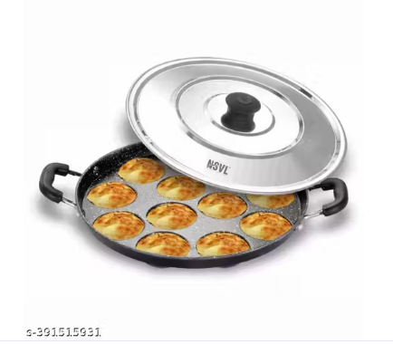 Nsvl Non Stick 12 Cavity Appam Patra Handle with Lid, Paniyarakkal | Paniyaram | Appam Pan with Silicon Brush